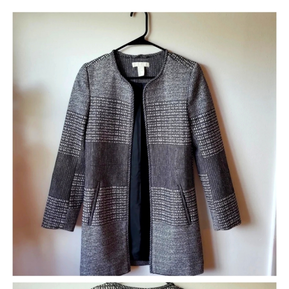 H&M Black & White Mixed Pattern Long Open Jacket Women's Size 2